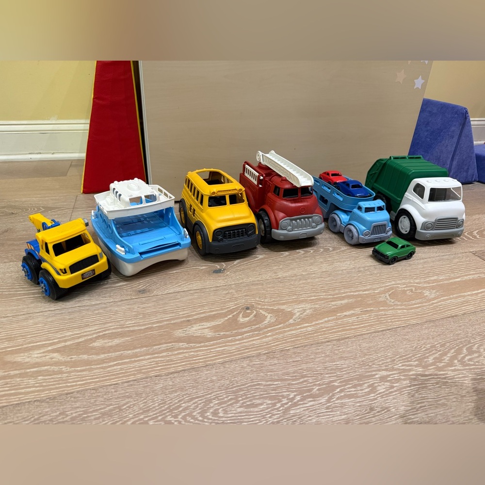 Green Toy Truck fire truck boat Truck ferry transporter Set 9 parts (3 mini car)